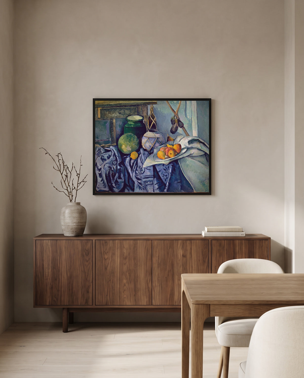 Ginger Jar and Eggplants by Paul Cézanne in a black frame above a walnut sideboard in a dining room