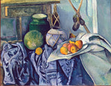 Still Life with a Ginger Jar and Eggplants by Cézanne: a green jar, ginger jar, fruit and folded cloth, eggplants on a branch