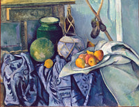 Still Life with a Ginger Jar and Eggplants by Cézanne: a green jar, ginger jar, fruit and folded cloth, eggplants on a branch