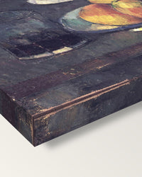 Apples and a Glass of Wine by Paul Cézanne on stretched canvas, corner close-up: the painting mirror-wrapped round the sides
