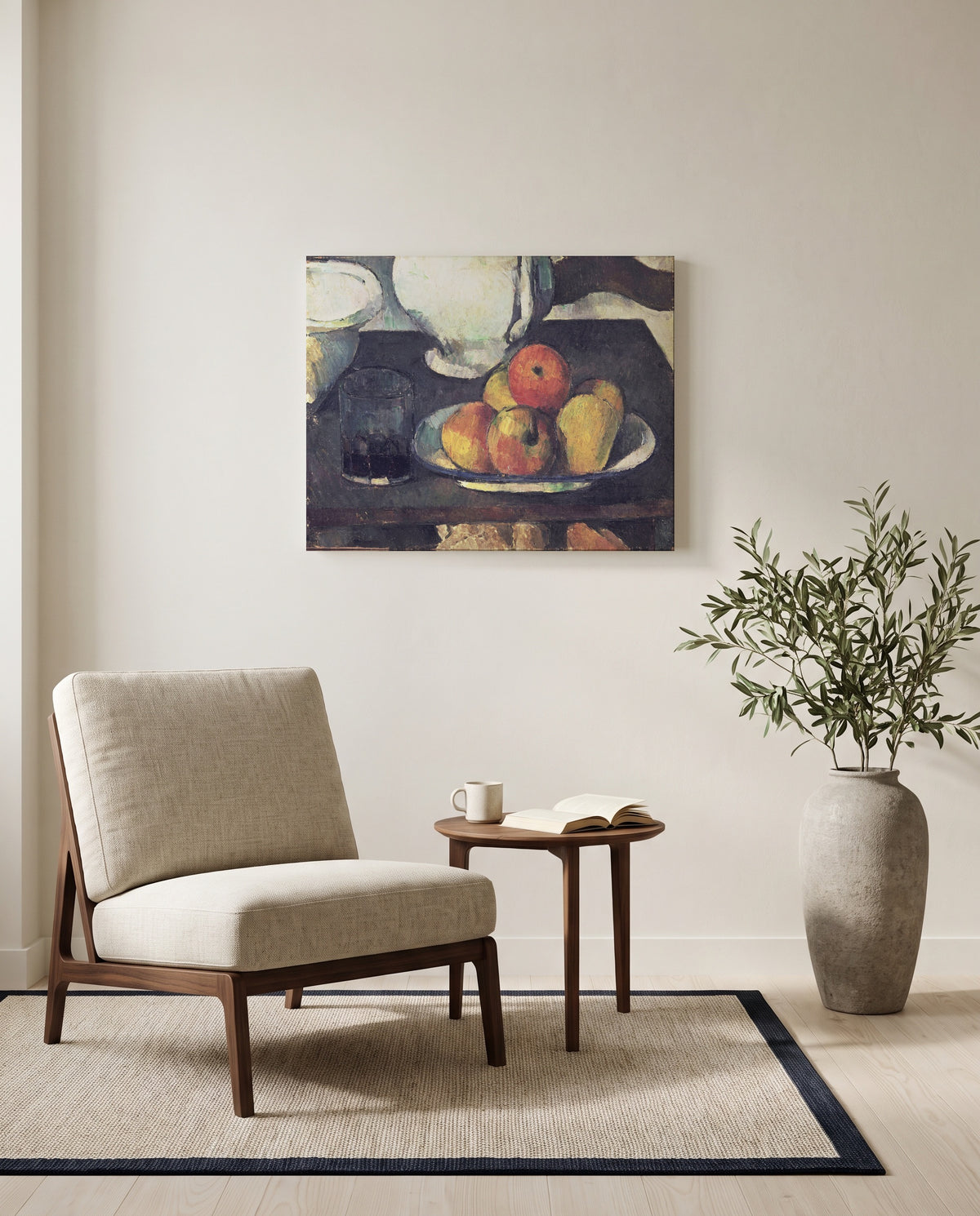 Apples and a Glass of Wine by Paul Cézanne as a stretched canvas above a linen lounge chair in a reading corner