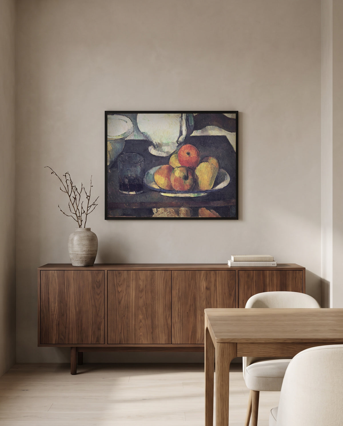 Apples and a Glass of Wine by Paul Cézanne in a black frame above a walnut sideboard in a dining room