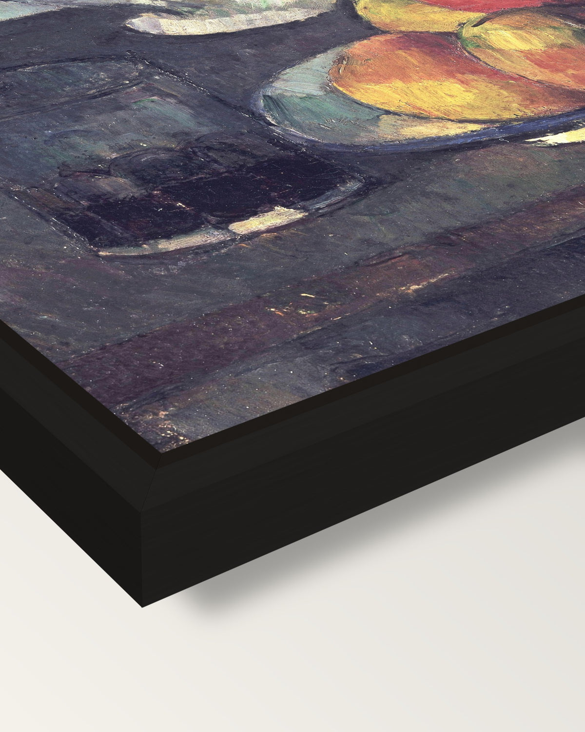 Apples and a Glass of Wine framed canvas, corner close-up: a black floating frame with a shadow gap round the canvas
