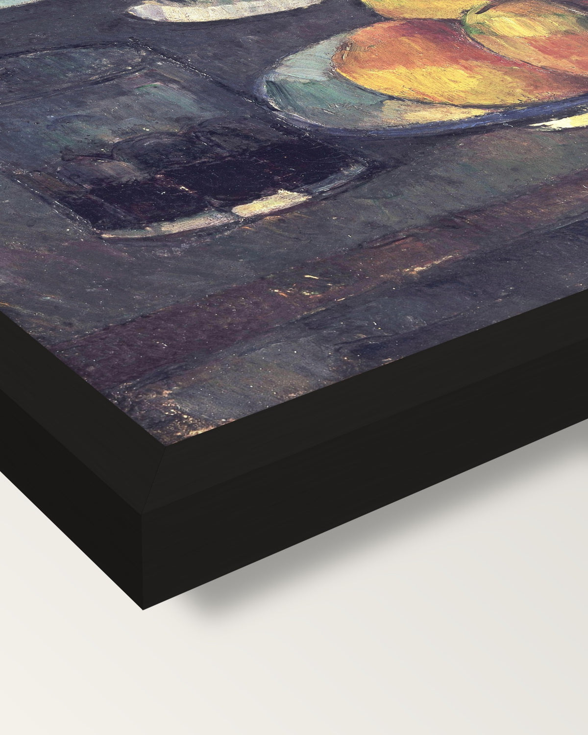 Apples and a Glass of Wine framed print, corner close-up: black moulding, mitred, the print set just below its edge