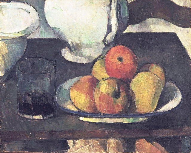 Still Life with Apples and a Glass of Wine by Cézanne: red and yellow apples on a white dish beside a glass of dark wine