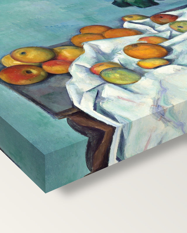 Apples and Primroses by Paul Cézanne on stretched canvas, corner close-up: the painting mirror-wrapped round the sides