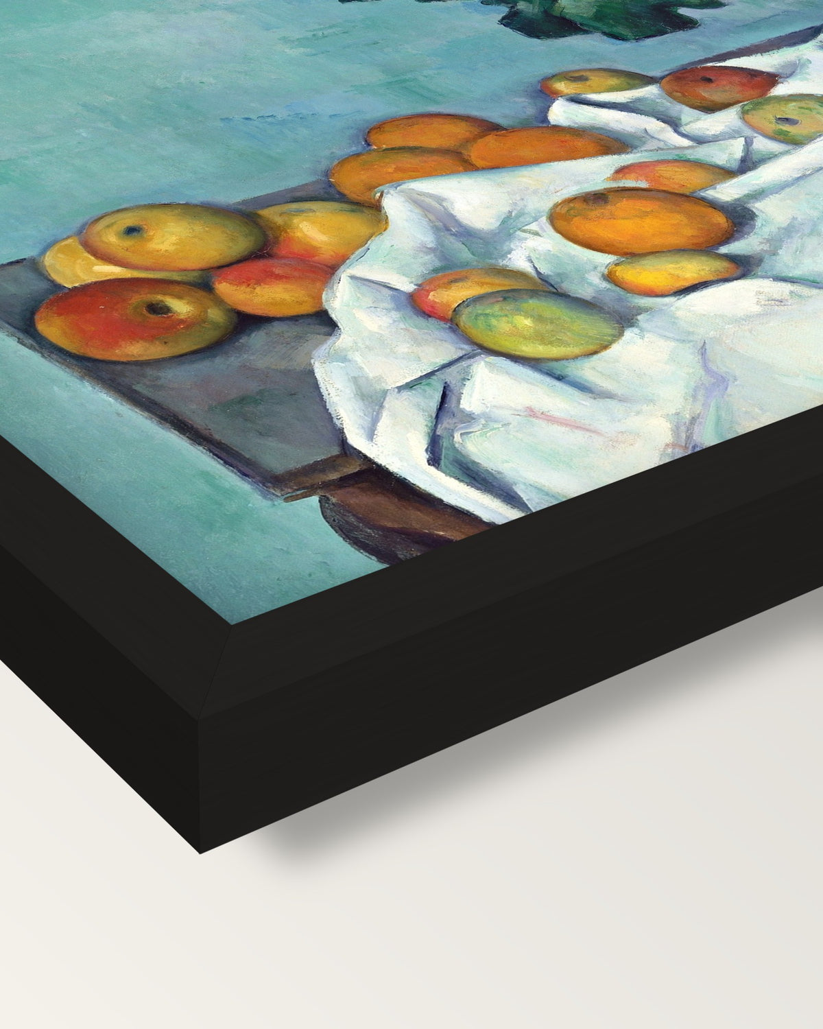 Apples and Primroses by Paul Cézanne framed print, corner close-up: black moulding, mitred, the print set just below its edge