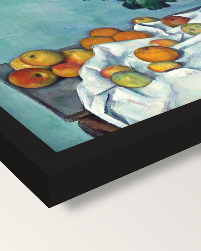 Apples and Primroses by Paul Cézanne framed print, corner close-up: black moulding, mitred, the print set just below its edge