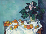 Still Life with Apples and a Pot of Primroses by Cézanne: a pot of pink primroses with green leaves, apples on a white cloth