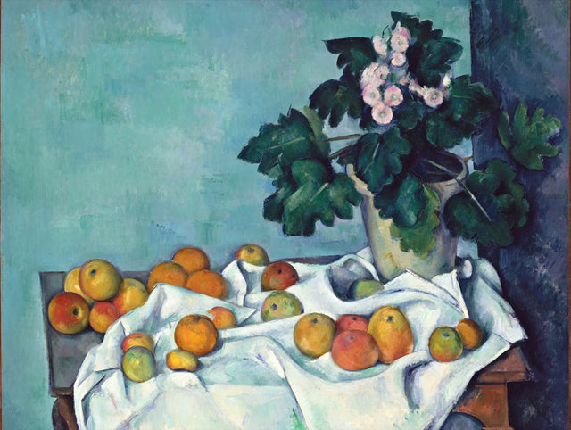 Still Life with Apples and a Pot of Primroses by Cézanne: a pot of pink primroses with green leaves, apples on a white cloth