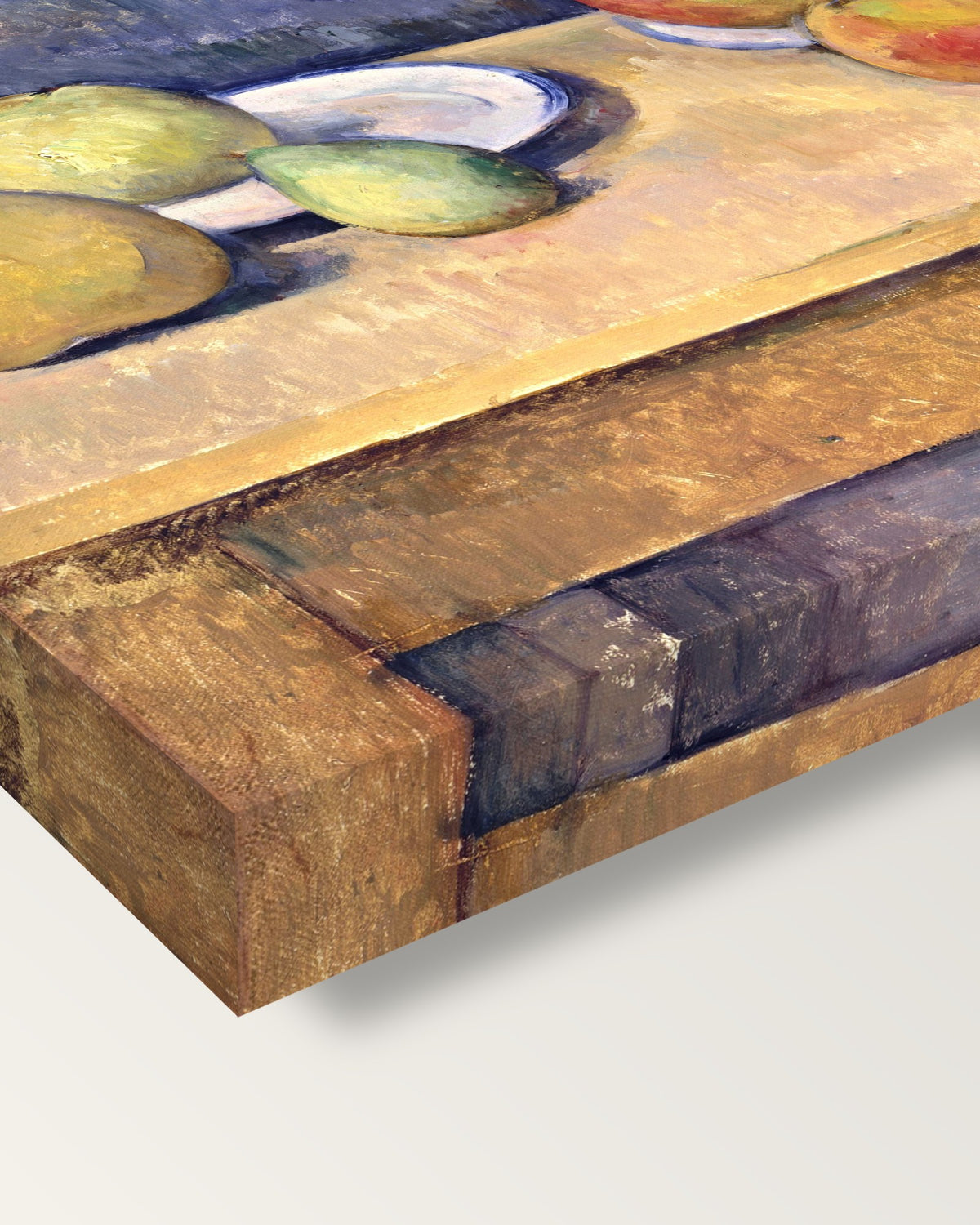 Apples and Pears by Paul Cézanne on stretched canvas, corner close-up: the painting mirror-wrapped round the sides