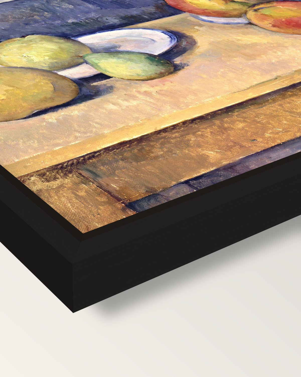 Apples and Pears by Paul Cézanne framed canvas, corner close-up: a black floating frame with a shadow gap round the canvas