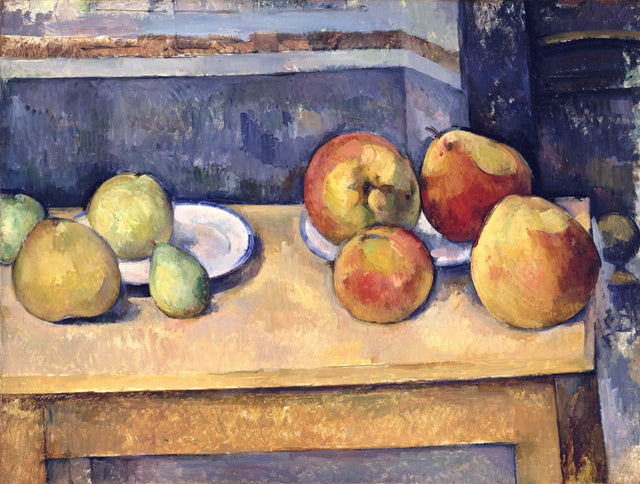Still Life with Apples and Pears by Cézanne: red apples and green pears on a wooden table with a plate, dark background
