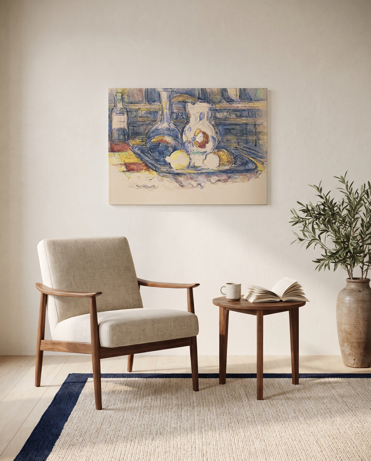 Bottle, Carafe and Jug by Paul Cézanne as a stretched canvas above a linen lounge chair in a reading corner