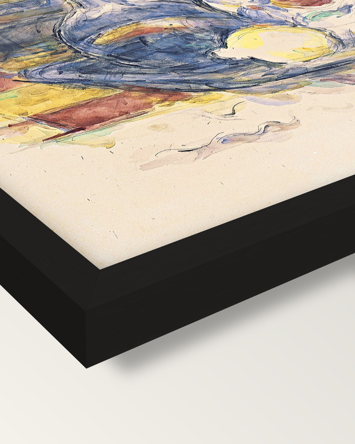 Bottle, Carafe and Jug by Cézanne framed print, corner close-up: black moulding, mitred, the print set just below its edge