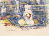 Still Life with Bottle, Carafe, Jug and Lemons by Cézanne: a glass carafe, a flowered jug and lemons in light watercolour