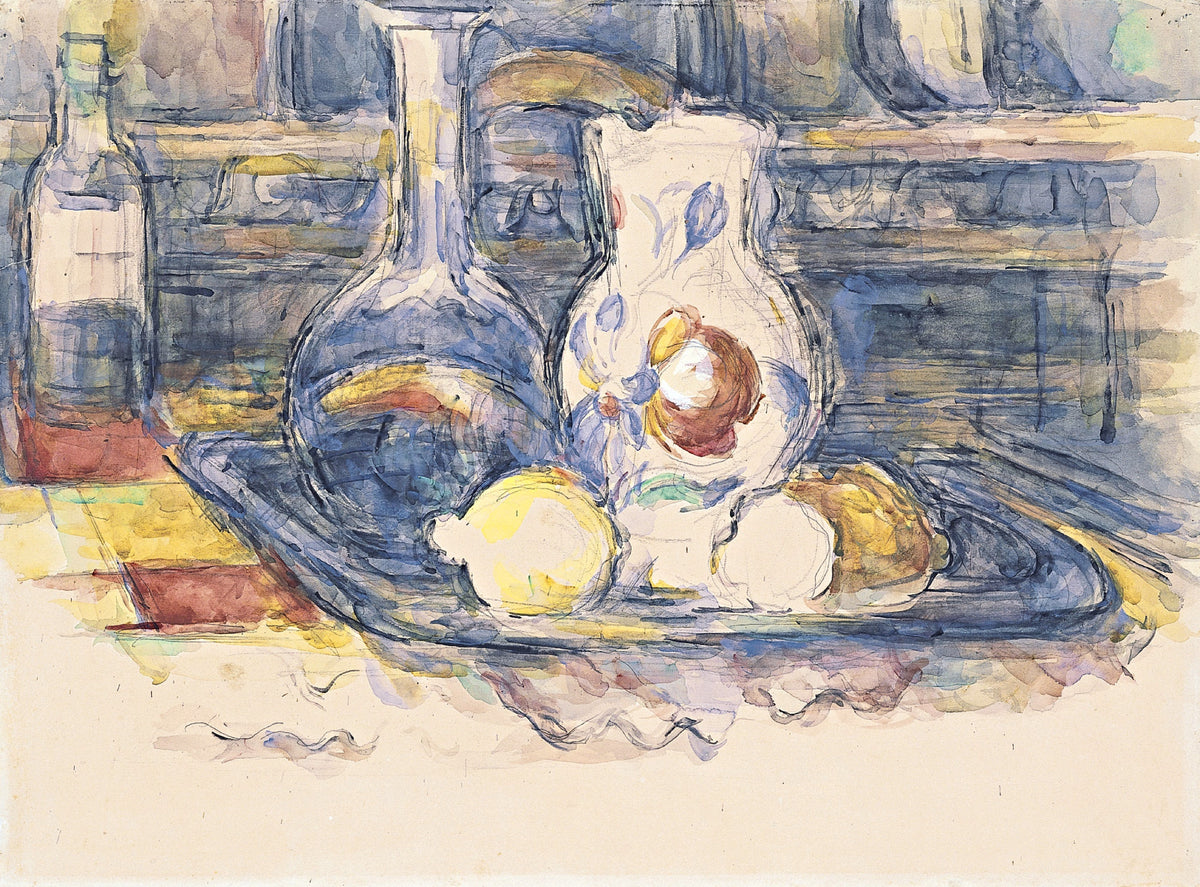Still Life with Bottle, Carafe, Jug and Lemons by Cézanne: a glass carafe, a flowered jug and lemons in light watercolour