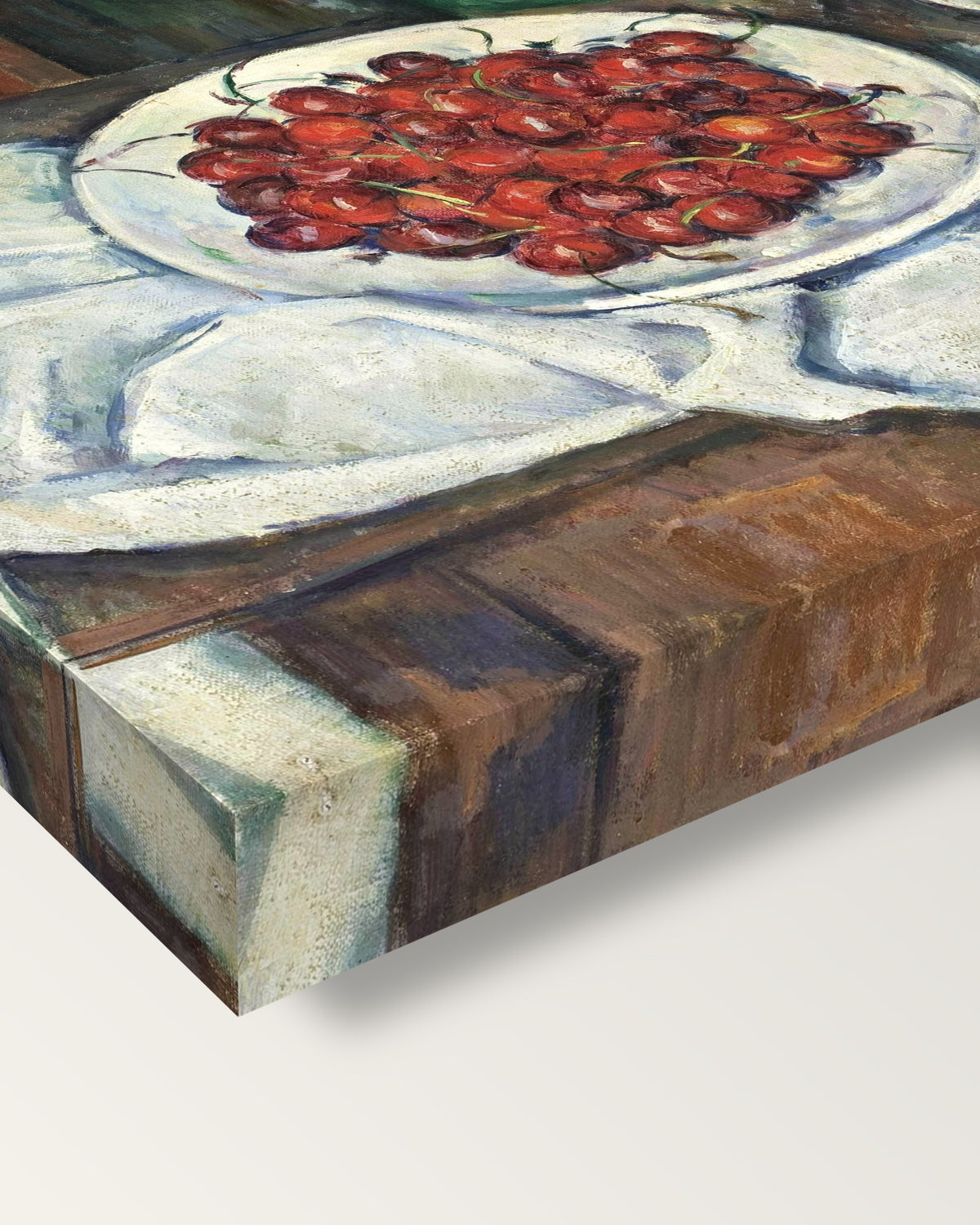 Cherries and Peaches by Paul Cézanne on stretched canvas, corner close-up: the painting mirror-wrapped round the sides