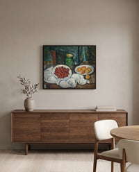 Cherries and Peaches by Paul Cézanne in a black frame above a walnut sideboard in a dining room