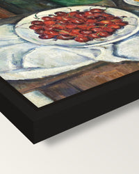 Cherries and Peaches by Cézanne framed canvas, corner close-up: a black floating frame with a shadow gap round the canvas