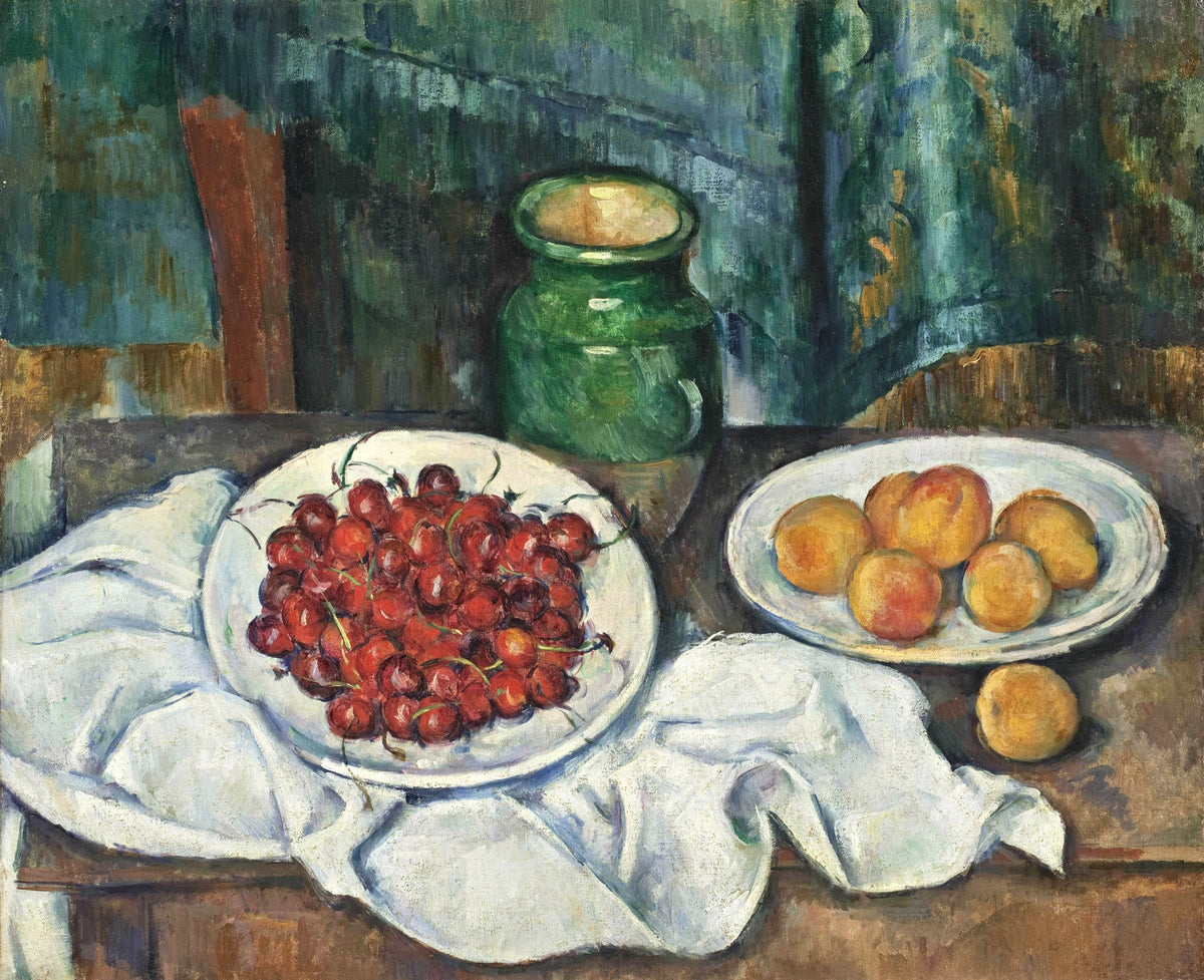 Still Life with Cherries and Peaches by Cézanne: a white plate of red cherries, a plate of peaches and a green jar on a cloth