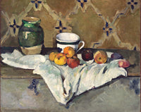 Still Life with Jar, Cup, and Apples by Cézanne: a green jar, white cup and red apples on a white cloth, patterned wallpaper