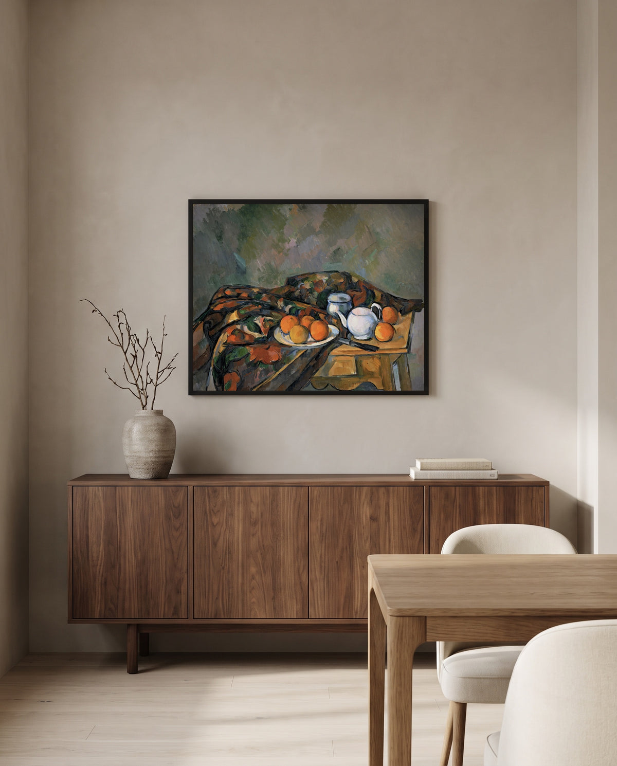 Still Life with Teapot by Paul Cézanne in a black frame above a walnut sideboard in a dining room