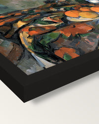 Still Life with Teapot by Cézanne framed print, corner close-up: black moulding, mitred, the print set just below its edge