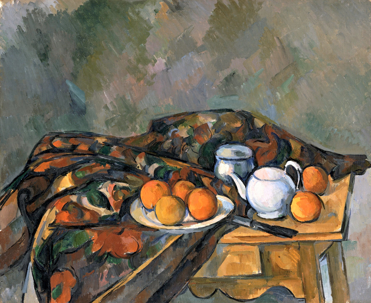 Still Life with Teapot by Cézanne: oranges on a plate, a white teapot and sugar bowl on a patterned cloth over a wooden table