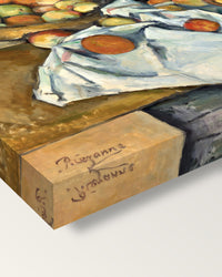 The Basket of Apples by Paul Cézanne on stretched canvas, corner close-up: the painting mirror-wrapped round the sides