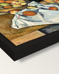 The Basket of Apples by Cézanne framed canvas, corner close-up: a black floating frame with a shadow gap round the canvas