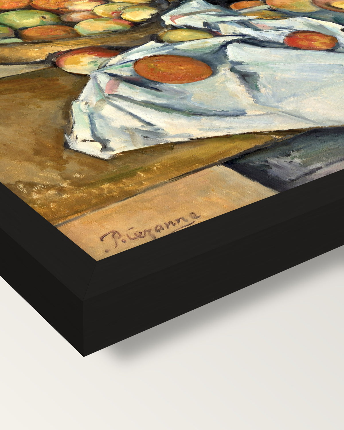 The Basket of Apples by Paul Cézanne framed print, corner close-up: black moulding, mitred, the print set just below its edge