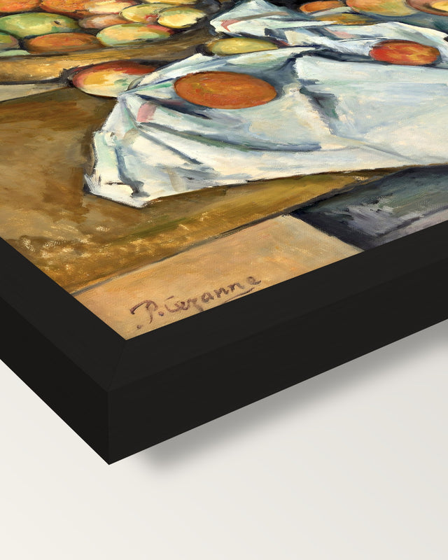 The Basket of Apples by Paul Cézanne framed print, corner close-up: black moulding, mitred, the print set just below its edge