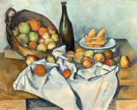 The Basket of Apples by Paul Cézanne: a tilted basket of apples, a wine bottle and biscuits on a table with a white cloth