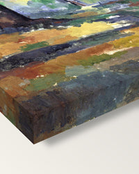 The Big Trees by Paul Cézanne on stretched canvas, corner close-up: the painting mirror-wrapped round the sides