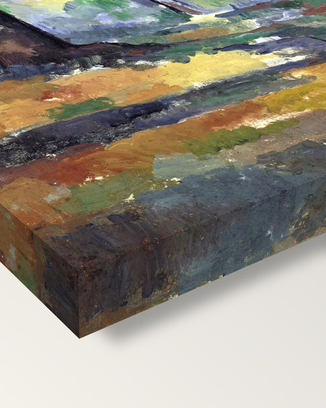 The Big Trees by Paul Cézanne on stretched canvas, corner close-up: the painting mirror-wrapped round the sides