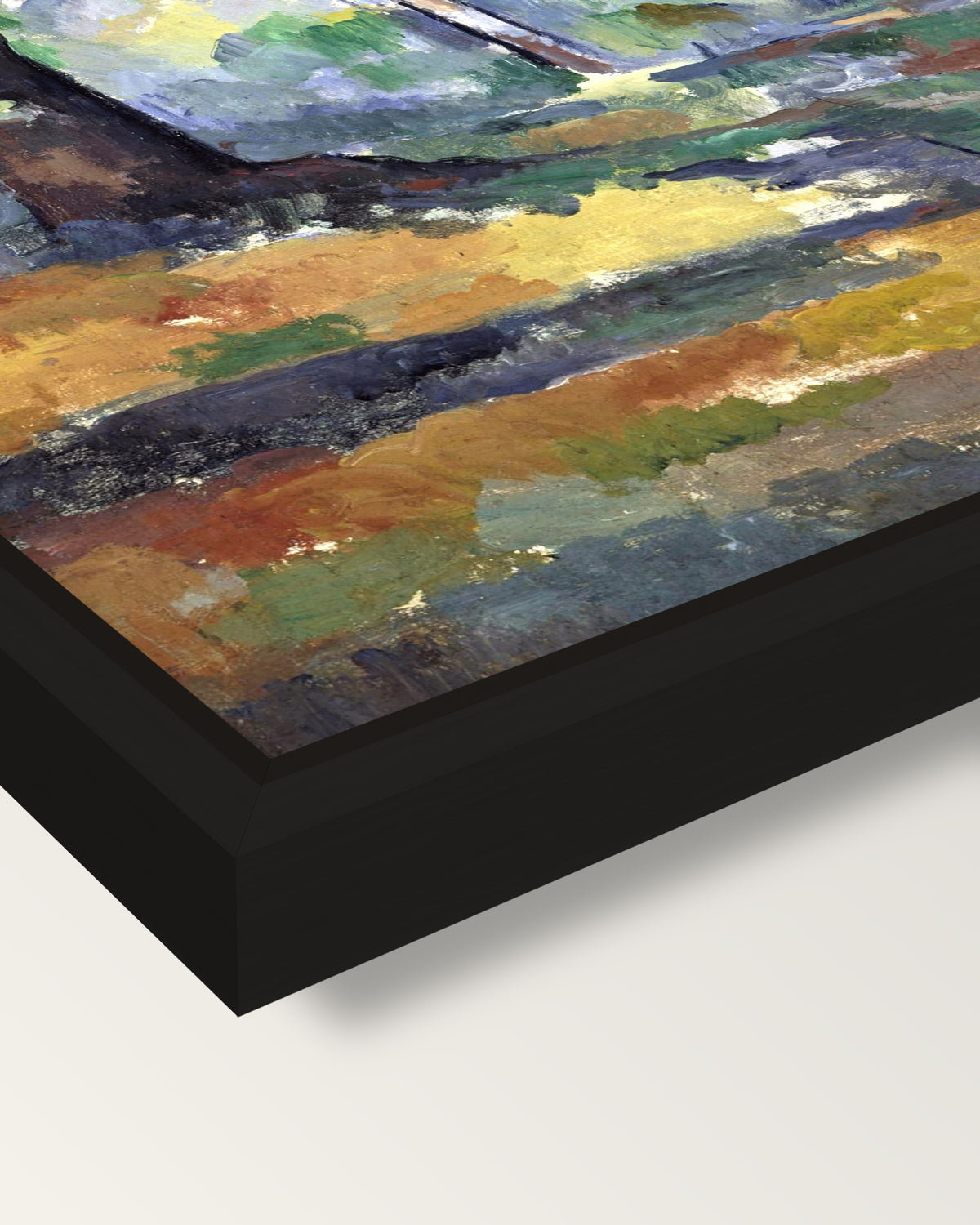 The Big Trees by Paul Cézanne framed canvas, corner close-up: a black floating frame with a shadow gap round the canvas