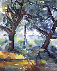 The Big Trees by Cézanne: tall tree trunks and spreading branches in blue and green, patches of bare canvas