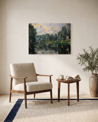 The Banks of the Marne by Paul Cézanne as a stretched canvas above a linen lounge chair in a reading corner