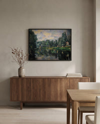 The Banks of the Marne by Paul Cézanne in a black frame above a walnut sideboard in a dining room