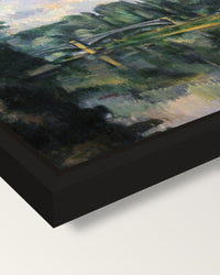 The Banks of the Marne by Cézanne framed canvas, corner close-up: a black floating frame with a shadow gap round the canvas
