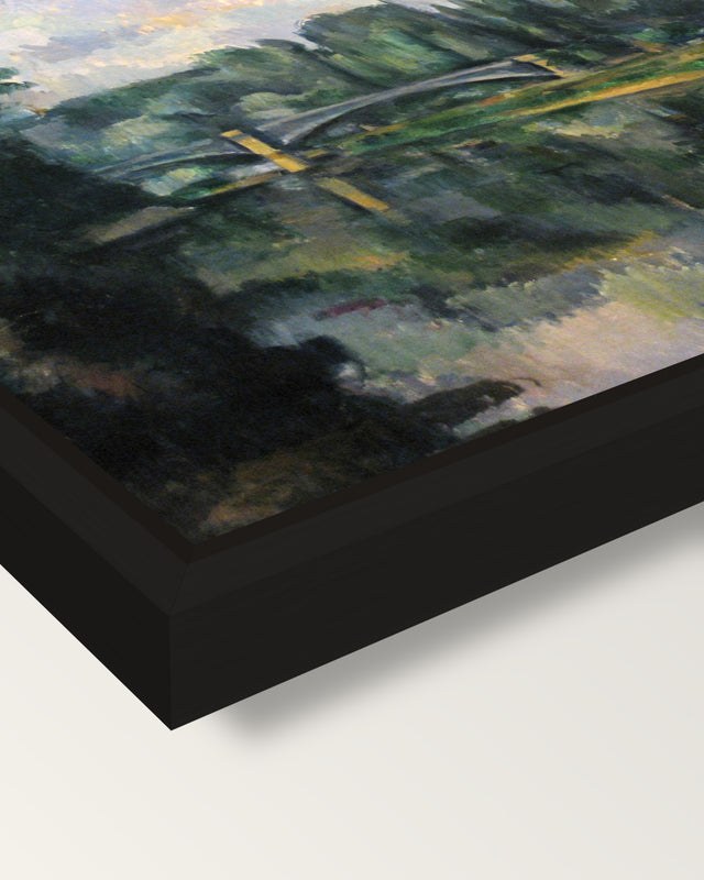 The Banks of the Marne by Cézanne framed canvas, corner close-up: a black floating frame with a shadow gap round the canvas