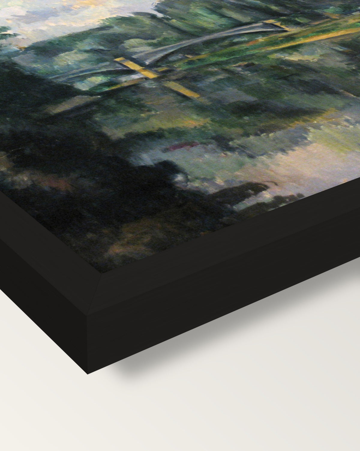 The Banks of the Marne by Cézanne framed print, corner close-up: black moulding, mitred, the print set just below its edge