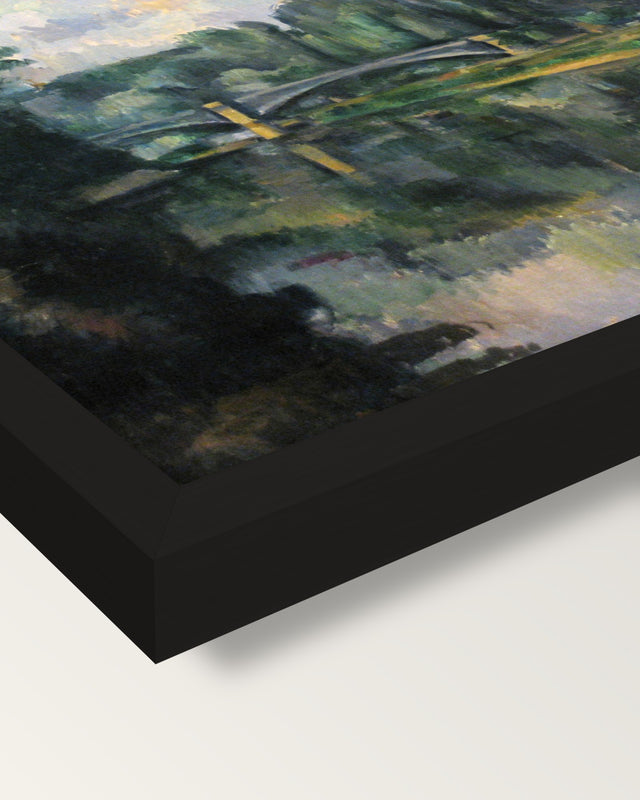 The Banks of the Marne by Cézanne framed print, corner close-up: black moulding, mitred, the print set just below its edge