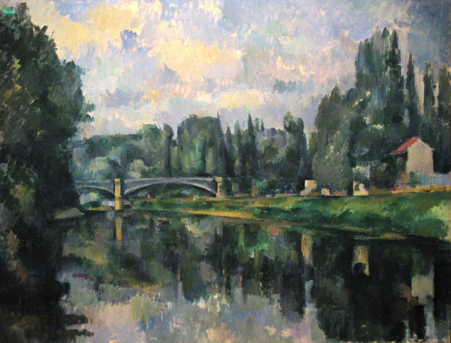 The Banks of the Marne by Cézanne: a bridge and trees reflected in a still green river under a pale sky, a red-roofed house