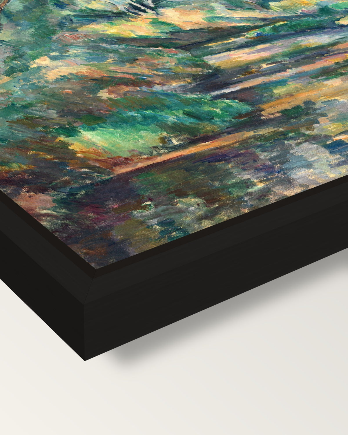 The Brook by Paul Cézanne framed canvas, corner close-up: a black floating frame with a shadow gap round the canvas