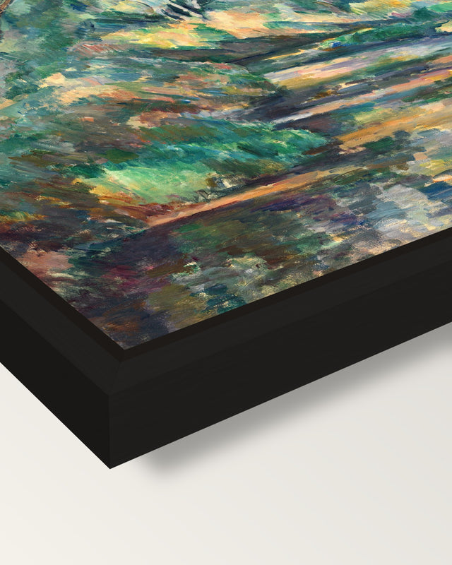 The Brook by Paul Cézanne framed canvas, corner close-up: a black floating frame with a shadow gap round the canvas