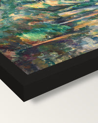 The Brook by Paul Cézanne framed print, corner close-up: black moulding, mitred, the print set just below its edge