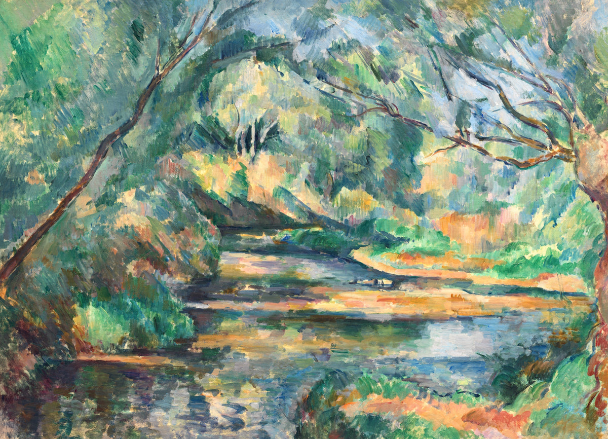 The Brook by Cézanne: a still stream under arching green trees, the bank and leaves made of patches of green and orange