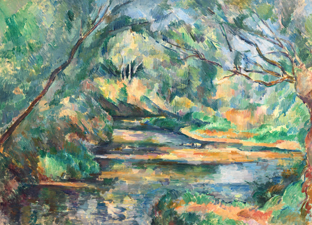 The Brook by Cézanne: a still stream under arching green trees, the bank and leaves made of patches of green and orange